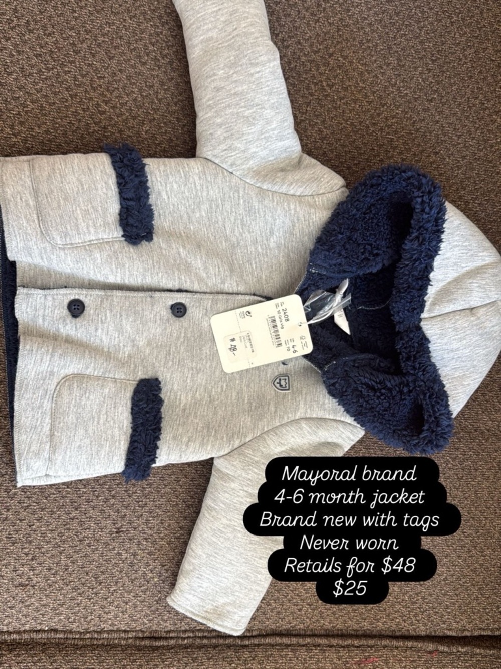Mayoral Light Gray Coat with Navy Sherpa Trim